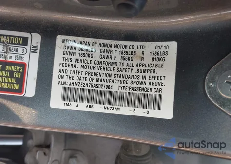 2010 Hond Insight z USA, uszkodzony, nr VIN JHMZE2H75AS027964